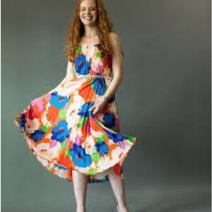 Sam Edelman RetroFloral Plisse Midi Dress in Blue, Orange, Pink, Green